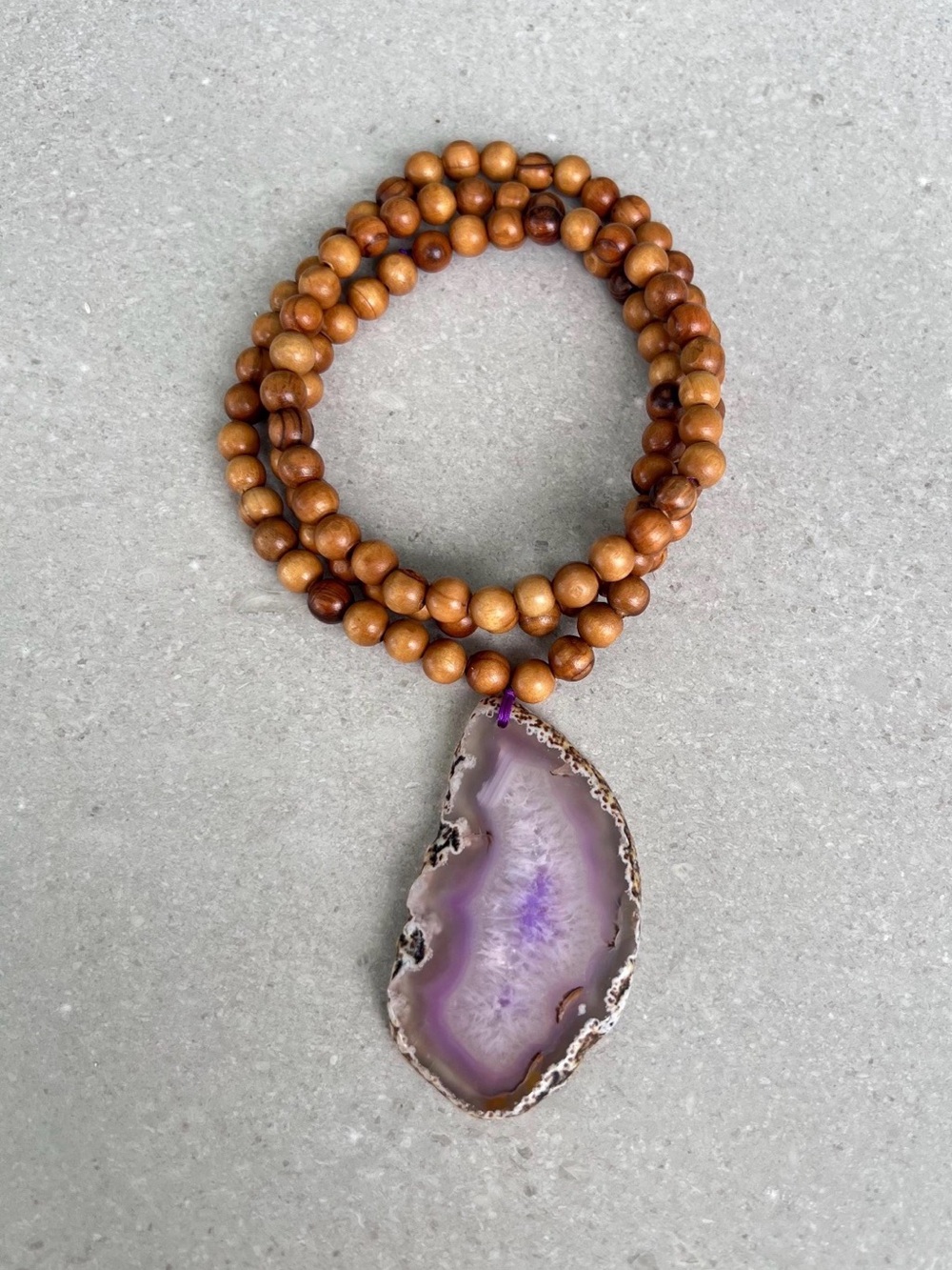 Purple Agate Slice Pendant Necklace with Brown Wood Beads
